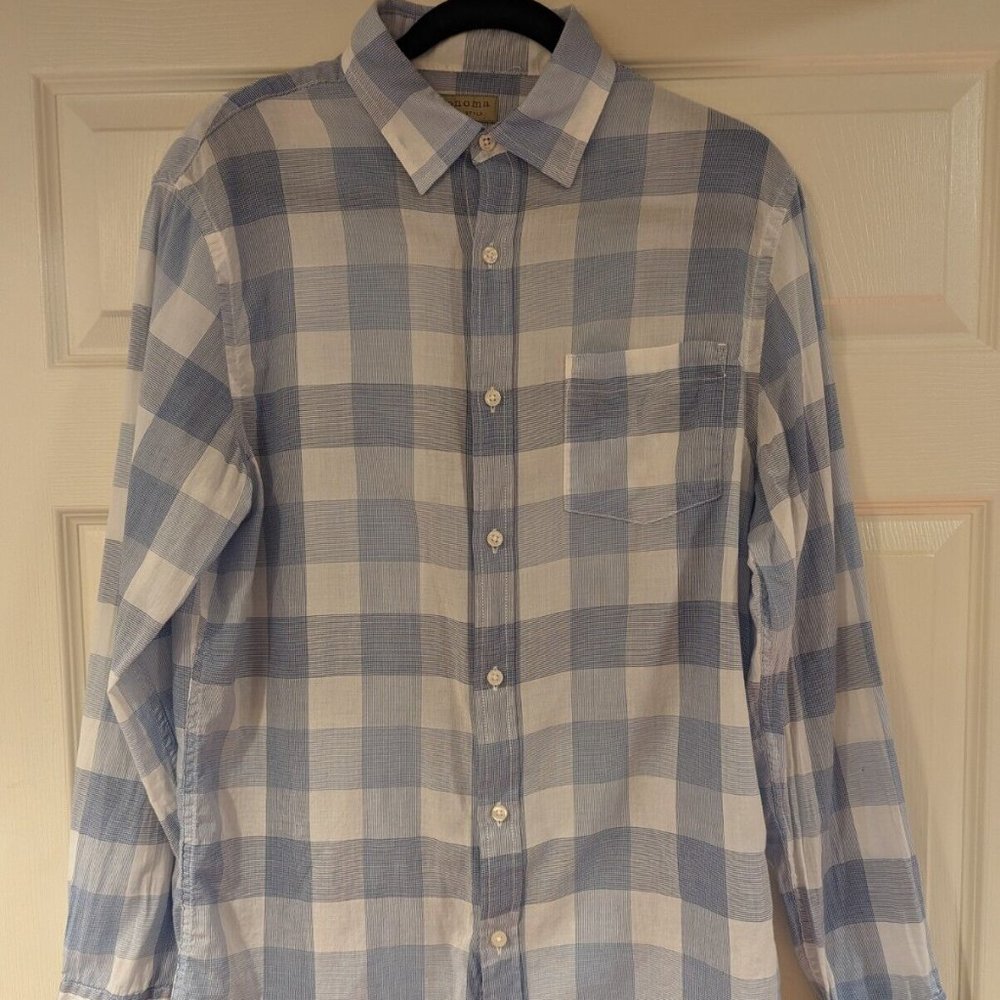 Sonoma Men's/Teen's Blue & White Plaid Button Down Dress Shirt - Med
